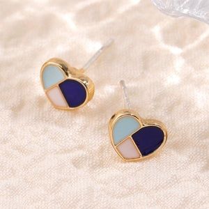 Blue White Gold Heart Stud Earrings